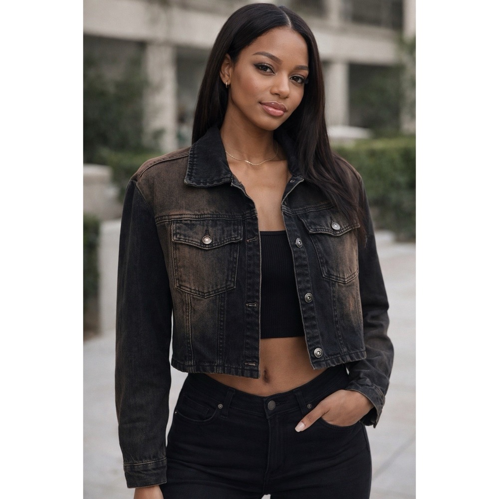 I.AM.GIA Cropped Denim‎ Jacket M Black Acid Wash Grunge Y2K Streetwear Trucker